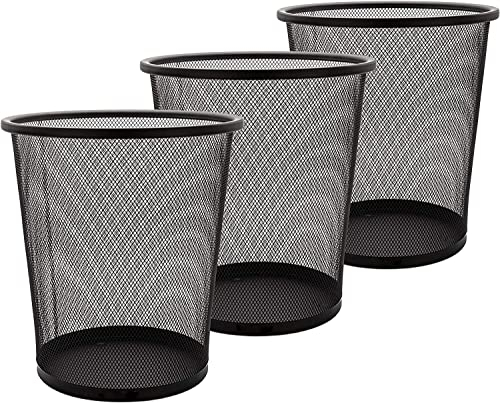 AHUNTTER 3 Pack Mesh Waste Paper Bin 12 Litres Metal Waste Basket Small Trash Can Rubbish Bin for Bedrooms Bathrooms Office Home Kitchens Supplies, 24 X 26cm Black Circular