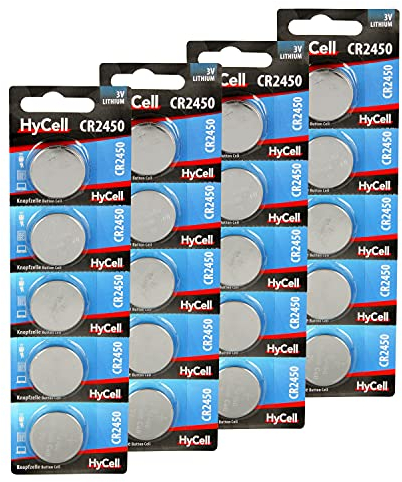 HyCell Knopfzelle 20er Pack Lithium Batterie CR2450 3V - Erstklassige Qualität - Knopfbatterie für täglichen Gebrauch in Geräten wie Fernbedienungen, Autoschlüsseln, Taschenrechnern, Waagen, uvm.