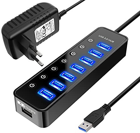 Hub USB 3.0 Alimentatore, 7 Porte Hub USB 3.0 di Trasferimento Dati, 1 Porta di Ricarica Intelligente,con Interruttore e Adattatore di Alimentazione 20 W (5 V/4 A)