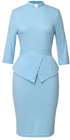 BLESSUME Catholic Church Women Clergy Tab Collar Dress Mass Sheath Dress, Light Blue, XXL