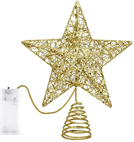 Weihnachtsbaumspitze Stern Gold, Diealles Shine Weihnachtsbaum Topper Metall, Glitzernde Christbaumspitze Stern LED, Beleuchteter Stern für Christbaumschmuck Weihnachten Urlaub Dekoration (20 x 25 cm)