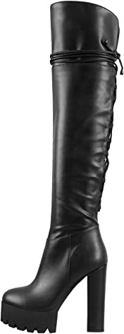 Richealnana Women's Platform Block Chunky High Heels Back Lace Up Thigh High Boots Over the Knee High Boots PU Black Size11