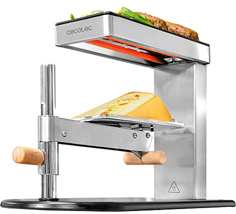 Cecotec Cheese&Grill 6000 Raclette Grill aus Edelstahl, 600 W, elegantes Design, antihaftbeschichtete obere Grillplatte aus Aluminium, einstellbarer Thermostat, verstellbarer Käsehalter