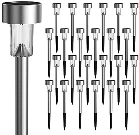 GIGALUMI Lampe Solaire Extérieur, Lot de 24,Lampe Solaire Extérieur Jardin,Étanche Lumière Solaire Extérieur pour Terrasse, Pelouse, Jardin, Allée, Chemins, Acier Inoxydable, Blanc