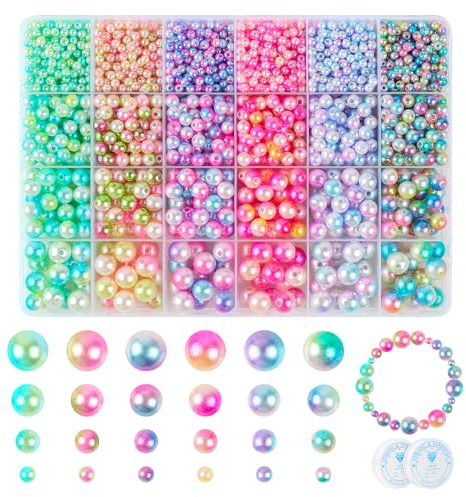 CoKeeSun 2000 Piezas Colores Cuentas de Perlas, 4/6/8/10 mm Perlas Artísticas con Hilo de Joyería, Cuentas Redondas con Agujeros, Perlas de Imitación Abalorios para Collares, Pendientes, Manualidades