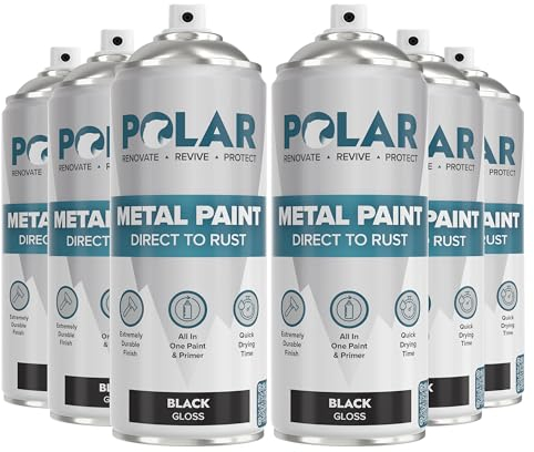 Polar Direct to Rust Gloss Black Metal Spray Paint - 6 x 400ml - Perfect for Metal, Wood, Furniture, Rust - Outdoor & Indoor Surfaces - Easy to Apply - 3 in 1 Primer, Undercoat & Topcoat