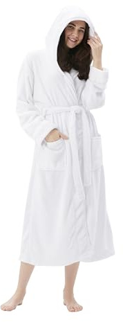 COOVA Women's Flannel and Floral Bathrobe - series 0110, White (Flannel Hooded), Medium