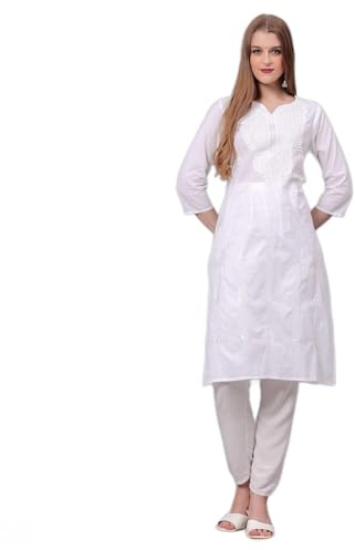 JG JAI GOVINDAM Kurti indiano ricamato a mano per le donne Chikankari dritto cotone lungo Kurti tunica Kurta abiti da donna, bianco, Medium