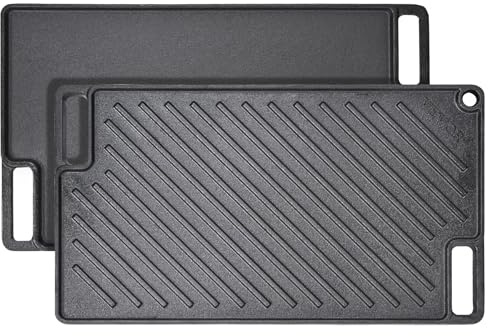 VEVOR Reversible Grill/Griddle, 9.7x16.7 Pre-Seasoned Cast Iron Griddle, Rectangular Double Burner Griddle Pan, Non-Stick Family Pan Cookware with Handles, Flat Top Plate for BBQ, Gas Grill, Black