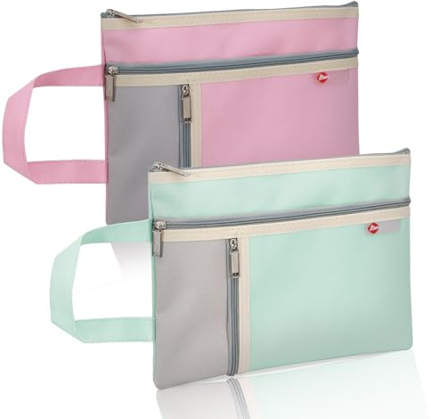 Realand Lot de 2 sacs à documents A5 étanches à 3 poches Oxford à fermeture éclair pour organiser avec poignée, sac de notaire pour livres en papier, sac fourre-tout, vert et rose
