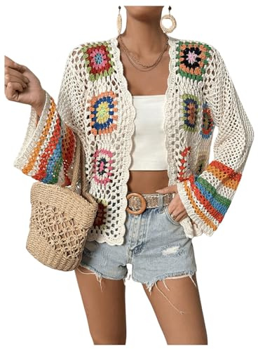 SHENHE Women's Floral Crochet Cardigan Hollow Out Open Front Long Sleeve Cardigan Sweater Apricot S