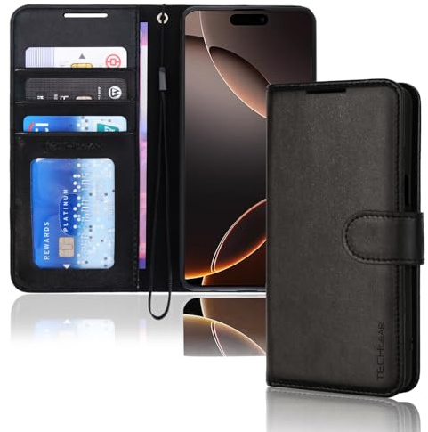 TECHGEAR iPhone 16 Pro Leather Wallet Case, Protective Flip Case Cover [RFID BLOCKING] Wallet Card Holder, Stand & Wrist Strap - Black PU Leather with Magnetic Closure Designed for iPhone 16 Pro 6.3