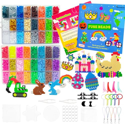 RTUOHUIN 8600 Bügelperlen Set, 48 Farben Bügelperlen 5mm Groß 90 Muster mit Steckplatte, Bügelpapier, Pinzette ab 6 jahre für Kinder Halloween Weihnachten Ostern Geburtstag Geschenke