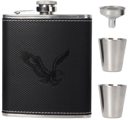 Ksvaye Fiaschetta Tascabile in Acciaio Inox Fiaschetta Portatile 7oz / 207ml Fiaschetta Whisky con Imbuto e 2 Tazze per Lquori, Bar, Campeggio, Picnic (Nero)