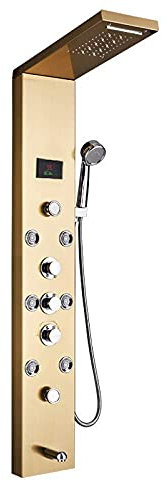 Sistema doccia Pannello doccia LED per vasca da bagno Cascata dorata Colonna doccia a pioggia Rubinetto Schermo digitale per temperatura Sistema doccia Miscelatore per vasca Beccuccio, stile oro A