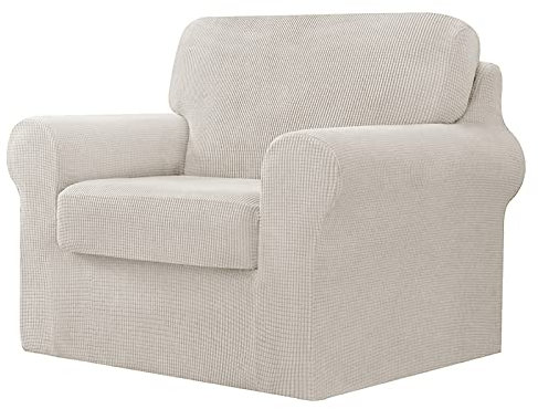 Stretch Sofa Cover with Separate Backrest and Seat Cushions with Elastic Band, Sofa Slipcover Anti-Slip Furniture Protector (1 Seater,Ivory)