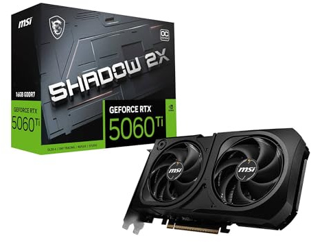 MSI GeForce RTX 5060 Ti 16G SHADOW 2X OC PLUS Graphics Card - RTX 5060 Ti GPU, 16GB GDDR7 (28Gbps/128-bit), PCIe 5.0 - Dual-Fan Thermal Design (2 x STORMFORCE FAN) - HDMI 2.1b, DisplayPort 2.1b