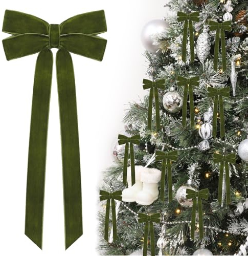 12Pcs Green Velvet Ribbon Bows Christmas Tree Decorations,5in x 10in St Patricks Day Ornaments for Tree Home Party Front Door Wreath Garland Holiday Decor
