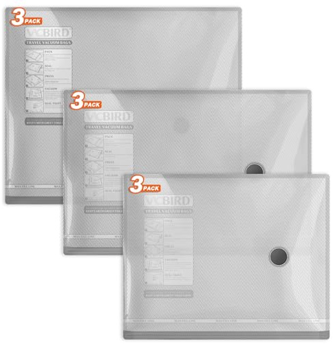 Vacbird Lot de 9 Sacs Sous Vide Vetement Aspirateur, 3 * 40x50cm, 3 * 40x60cm, 3 * 50x60cm, Sac de Rangement Sous Vide Réutilisable, Housse Sous Vide Peu Encombrant pour Pulls, Chemises, Voyages