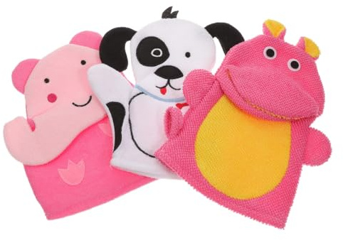 COLLBATH Moufles de Bain Lot de 3 pour Garçon et Filles en Coton Composite Plusieurs styles Forme Cartoon, Éponge de Bain Nettoyage et Mousse Riche Plusieurs styles pour Bébé et Tout-petits