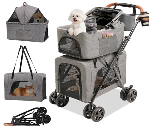Double Pet Stroller with Detachable Carriers, Dog Stroller for Medium Dogs 20 lb, Foldable Dog Stroller for 2 Dogs,Easy Assembly Cat Stroller for 2 Cats with Cup Holder and Storage Bag for All-Terrain