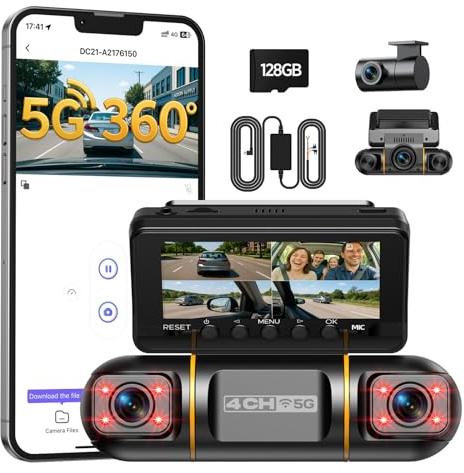 Volam 360° 4 Canali Dash Cam Auto, Schermo da 3,16 5G WiFi & Controllo APP Dashcam, 1080P*4 Telecamera per Auto con Scheda SD 128G, IR Visione Notturna, 24H Monitor di Parcheggio con Kit di Cablaggio
