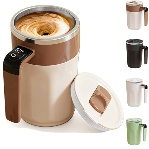 Automatic Stirring Coffee Cup with Temperature Display, Rechargeable Self Stirring Mug, 0.11gal Electric Coffee Mug with Lid - Rechargeable for Hot Coffee, Protein Shakes & Milk (Brown)