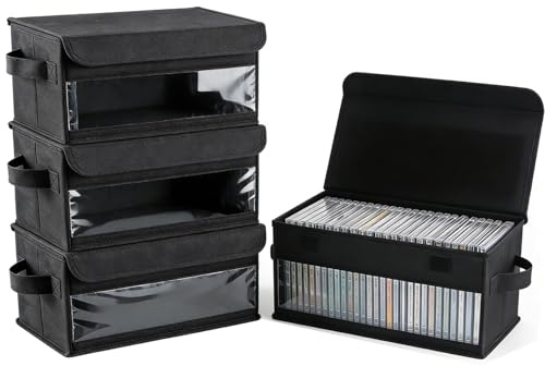 Vurlexat Set med 4 CD-förvaring med lock, Stor kapacitet upp till 128 CD, vikbar DVD-förvaringslåda med visningsfönster, Förvaringslock för album, magasin, filer, svart