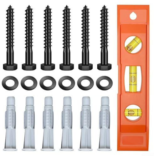 Kit d'accessoires pour montage TV avec vis tire-fond M8, ancrages, rondelles et niveau pour une utilisation sur des surfaces en béton, en brique ou en bois