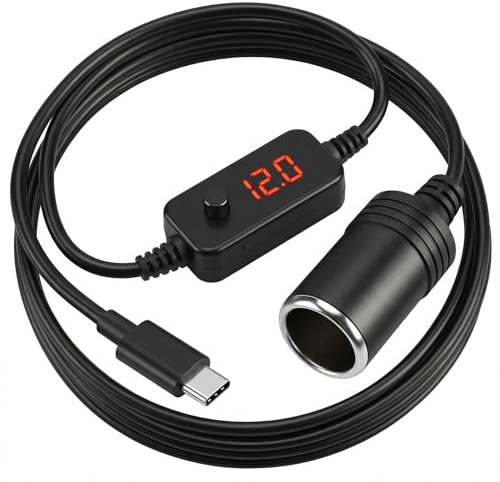 Toma de encendedor USB C, adaptador para encendedor de cigarrillos USB de tensión ajustable, cable USB C con pantalla LED, adaptador USB C de 12 V para toma de coche, GPS y cámara, 60 cm, 3 A Max