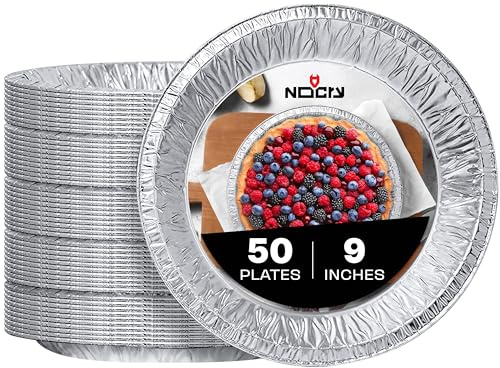 NoCry Premium Disposable Pie Pans 9 Inch (50 Pack) — Made in USA — Foil Aluminum Tins with Curl Lip for Baking Delicious Tarts or Crispy Pastry Crusts — Lightweight Yet Sturdy — Even Heat Distribution
