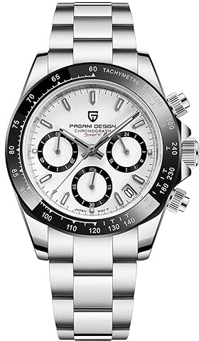 Pagani Design Herren Keramik Lünette Edelstahl Armband Chronograph Wasserdicht 100 m Saphirglas Herrenuhr(Weiß G)