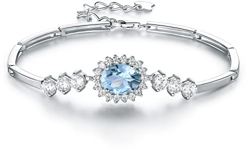 Sterling Silver Bracelet Argento 925 Donna Braccialetto Acquamarina sintetica Regolabile Principessa Diana William Kate Middleton Disegno per Amante Perfetto Regalo