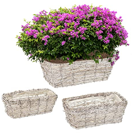 Relaxdays Blumentopf, 3 Verschiedene Größen, aus Rattan, Pflanzentöpfe mit Folie, Pflanzkörbe für drinnen, weiß/Natur