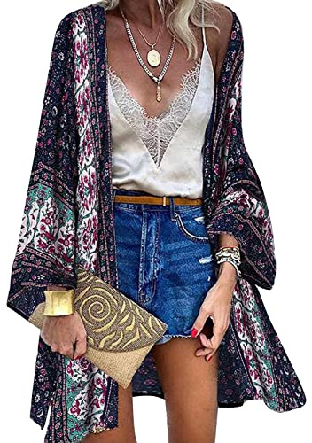 Kimono Copricostume Donna Cardigan Lungo Retro Stampa Floreale Bikini Cover Up Maniche Lunghe Coprivostume Elegante Copricostumi da Bagno Estate Beachwear,Blu Navy,XXL