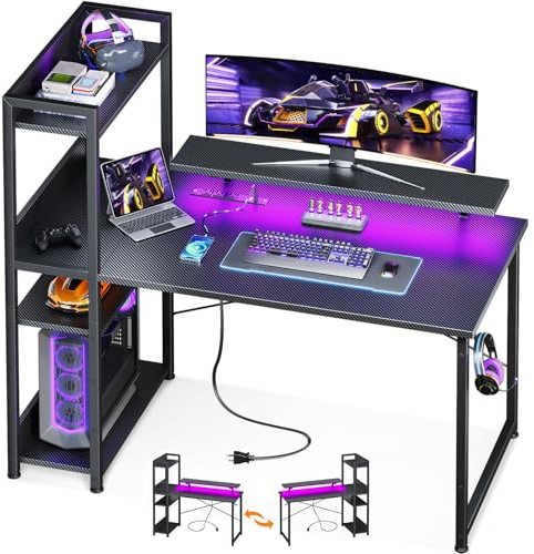 ODK Reversible Gaming Desk LED Lights, 40 Inch Computer Desk with Storage Shelves & Monitor Stand, Study Table for Home Office, Small Space Bedroom, Carbon Fiber Black