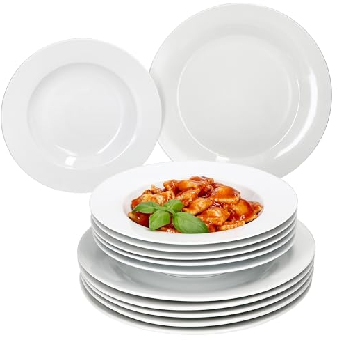 MamboCat Tommy 12tlg Tafelservice I weiße Porzellan-Geschirr für 6 Personen I 6X Suppenteller & 6X Speiseteller I Essteller & Tiefe Teller für Salat & Pasta I für Frühstück, Mittag & Abendbrot