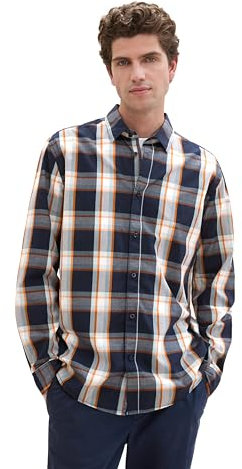 TOM TAILOR Herren 1042654 Regular Fit Hemd mit Karomuster, 35984-Navy Orange Big Check, XL