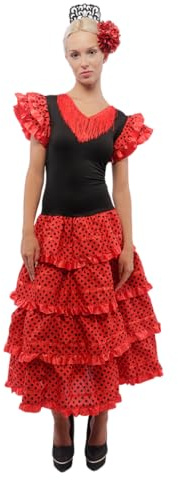 Carnavalife Vestido sevilliana para Feria de Abril, Vestido Flamenco Andaluz, Vestido Rojo para Disfraz de sevilliana (Rojo/Negro, S)