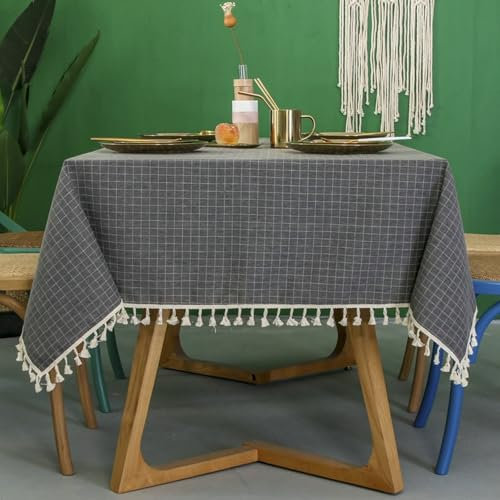Homxi Outdoor Tischdecke Rechteckig 90 W x 140 L cm,Tischdecke Küche Dunkelgrau Plaid mit Quasten Polyester Fleckabweisende Tischdecke