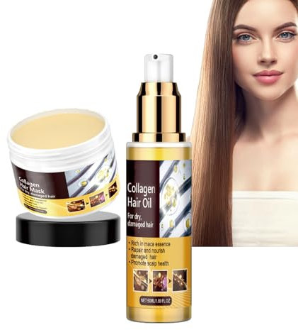 Dyceittdia 2pcs Cura dei Capelli al Collagene, 50ml Oli per il Trattamento dei Capelli e 100g Maschera per Capelli, Riparazione al Collagene, Migliora l'effetto Crespo e la Secchezza, hair mask1