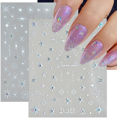 LunarCharm 2 feuilles 5D autocollantes étoile diamantée de l'art des ongles, pierres strass brillantes, accessoires pour les ongles, étoile de cristal brillante, décorations d'ongles DIY