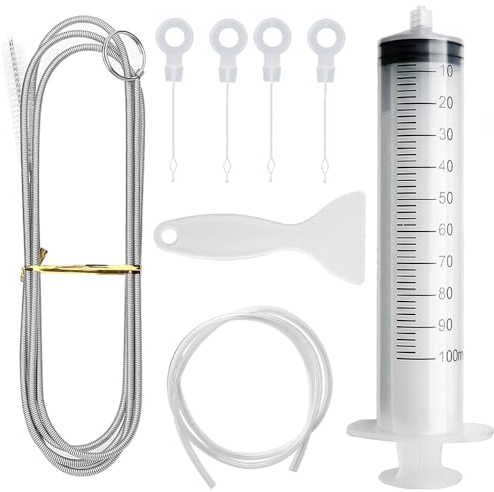 Voarge 8 Pezzi Set Pulizia Frigorifero, Spazzolas Frigorifer + Siringa da 100 ml + Tubo Pulizia Frigorifero + Raschietto Frigorifero Antighiaccio + 4 Insertis di Foro di Scarico
