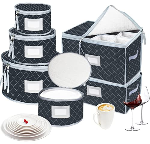 China Dinnerware Storage Containers Set for Dish,Mug,Stemware Storage Cases | Quilted Box Bins Stackable with Divider,handles,Clear Window for Cups,Plates,Wine Glasses Moving Set of 6 (Grey