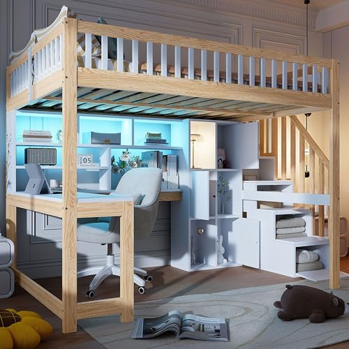 Moimhear Cama alta, 140 x 200 cm, con luces LED, escalera, estanterías, estantes, escritorio, madera de pino+MDF, Plywood, adecuada para niños y jóvenes (blanco y natural)