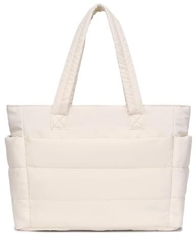 TSWONKS Puffer Tote Bag for Women, Lightweight Tote Bag for Women with Cup Holder & Laptop Compartment & Trolley Sleeve Birthday Valentines Day Gifts for Nurse Teacher Mom Girl Beige