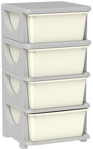 HOMCOM Torre de Almacenamiento Infantil con 4 Cajones 37x37x76 cm Crema | Organizador de Juguetes, para Niños de +3 Años, con Bordes Redondeados y Asas, para Guardería, Sala de Juegos, Dormitorio