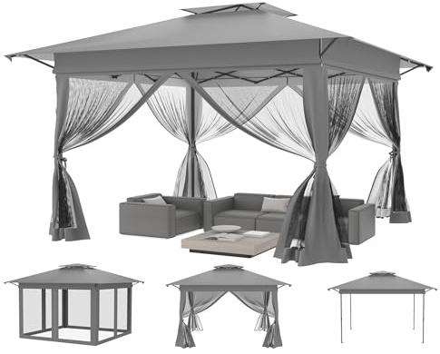 Aufun Trädgårdspaviljong Pop Up paviljong 4 x 4 m, vattentät UV-skydd stabil vikbar paviljong 3 nivåer justerbar höjd trädgårdstält med 4 myggnät, sidodelar och dubbeltak, festtält inkl. bärväska, grå