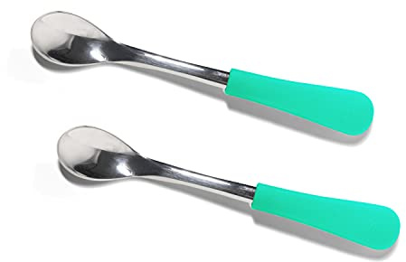 Avanchy Infant Baby Spoons Stainless Steel and Silicone Set, Self Feeding Food Utensils, 4 Months Baby Led Weaning, 2 Pack, Green