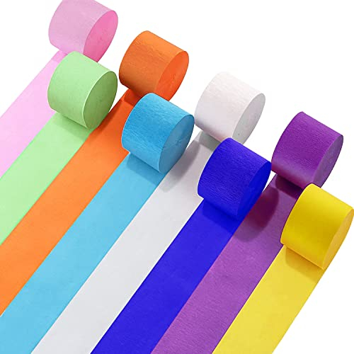 SUNBEAUTY 8 Rollen Krepppapier Bunt, Blau Grün Orange Creppapier Rosa Weiß Violett Rot Krepp Papier Regenbogen Luftschlangen Deko für Partydeko, Geburtstagsdeko, Hochzeiten(4.5 cm x 25 m)